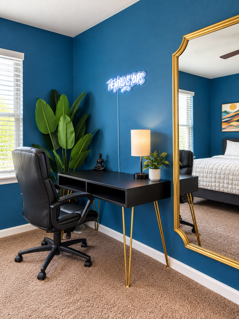 Your stylish workspace awaits with a sleek desk, comfortable office chair, and vibrant neon sign inspiring you to work or plan your adventures in this beautifully designed room.