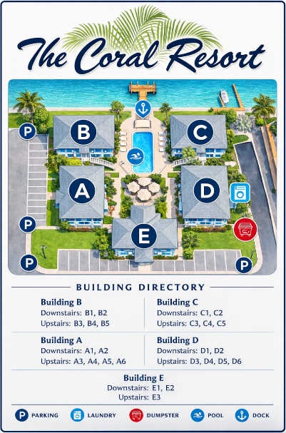An aerial view showcases The Coral Resort's layout, with five buildings arranged around a central pool area, sandy beach access, and ample parking for guests.