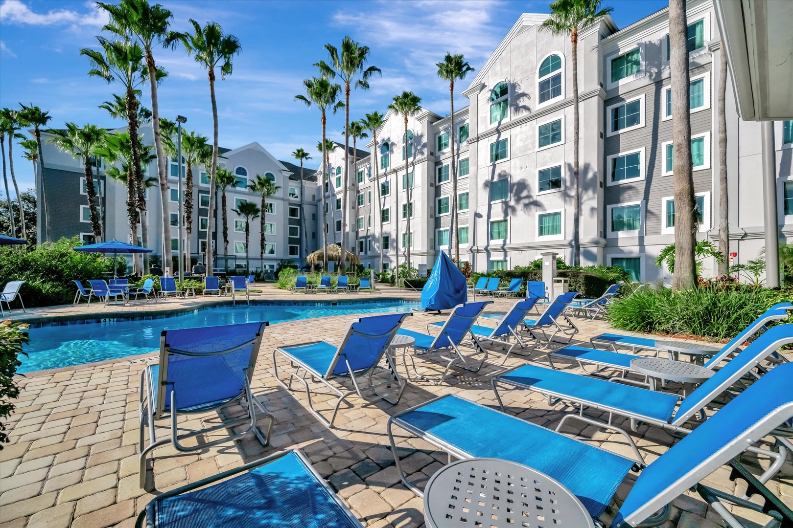 The sunny poolside courtyard invites you to unwind among swaying palms and comfortable lounge chairs, with plenty of space to soak up the Florida warmth.
