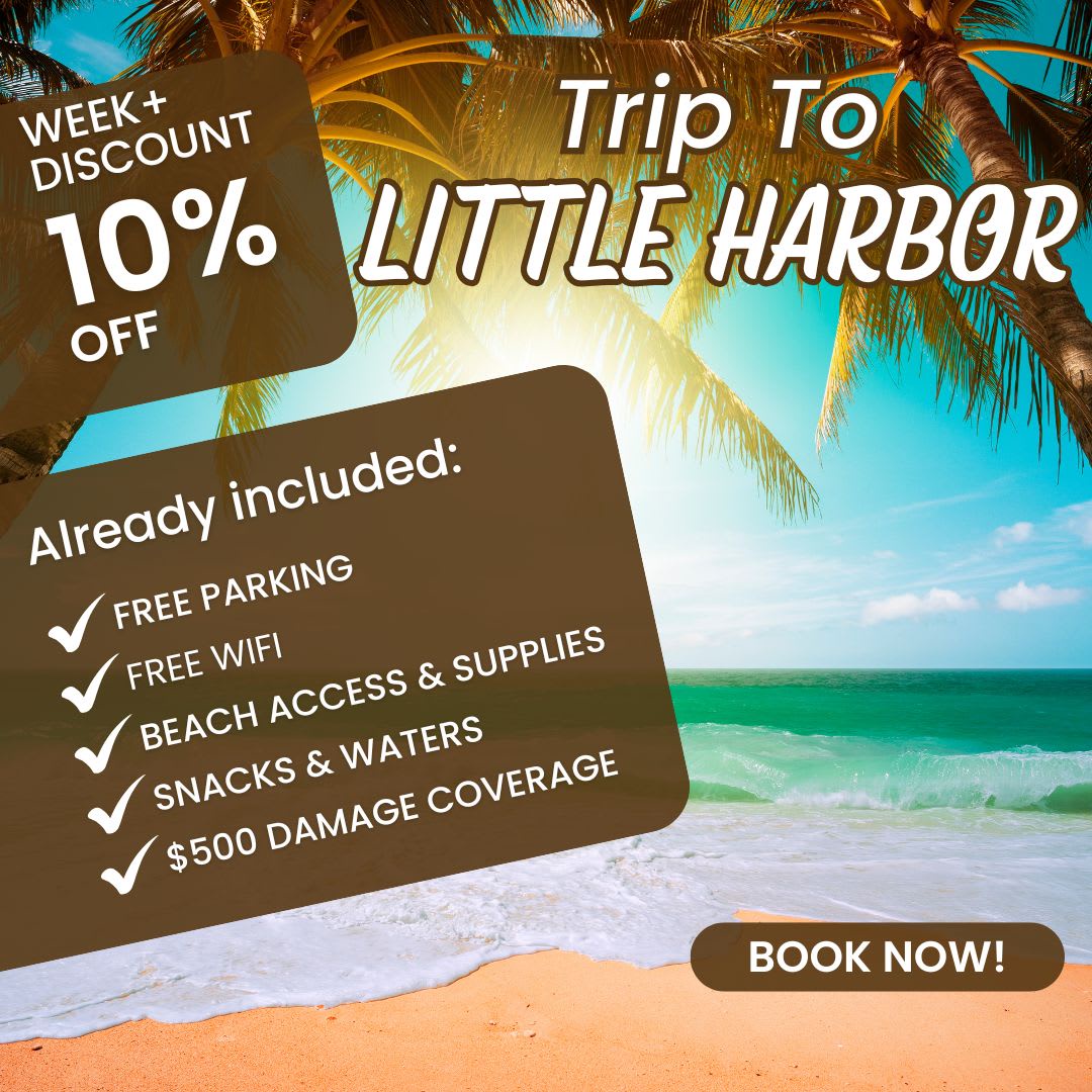 A promotional advertisement for a vacation destination featuring palm trees, turquoise waters, and sandy shores. The package includes parking, wifi, beach access, and refreshments.