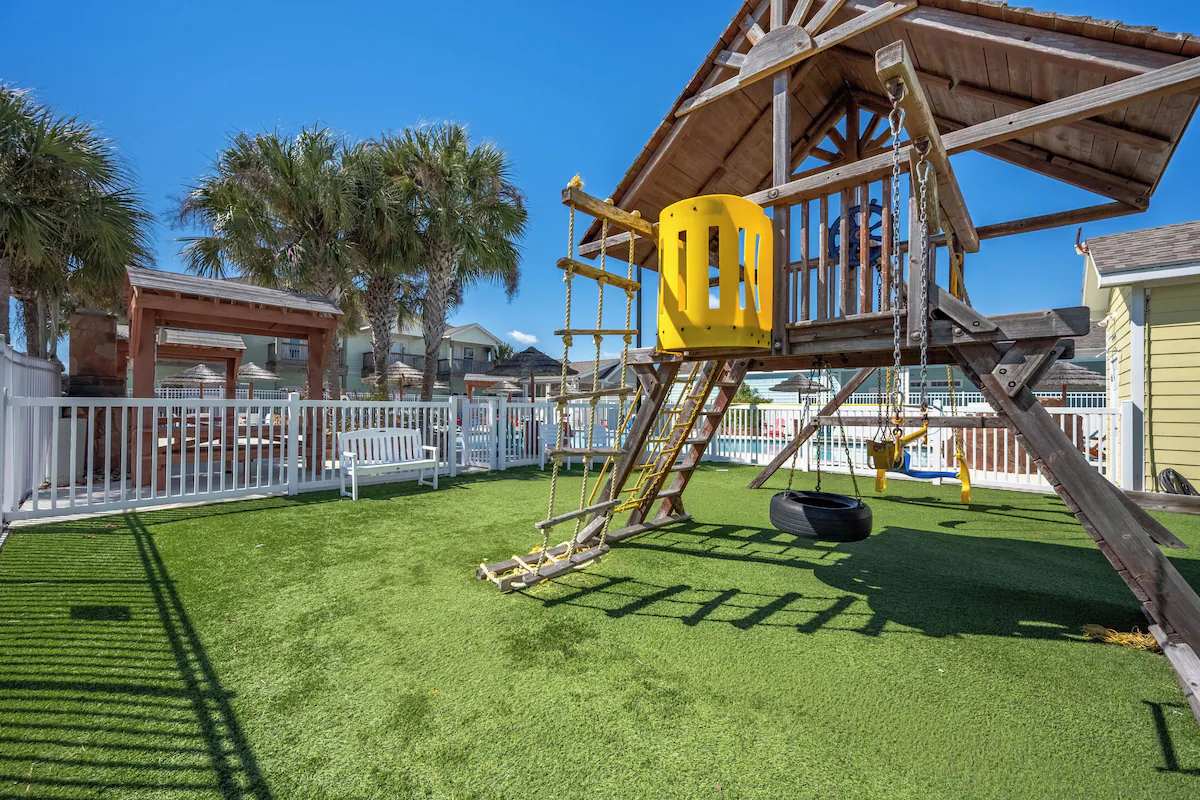 Let your little ones climb, swing, and slide on this expansive playground with swings, a tire swing, and covered play fort. With palm trees and endless sunshine, your family will love making memories together.