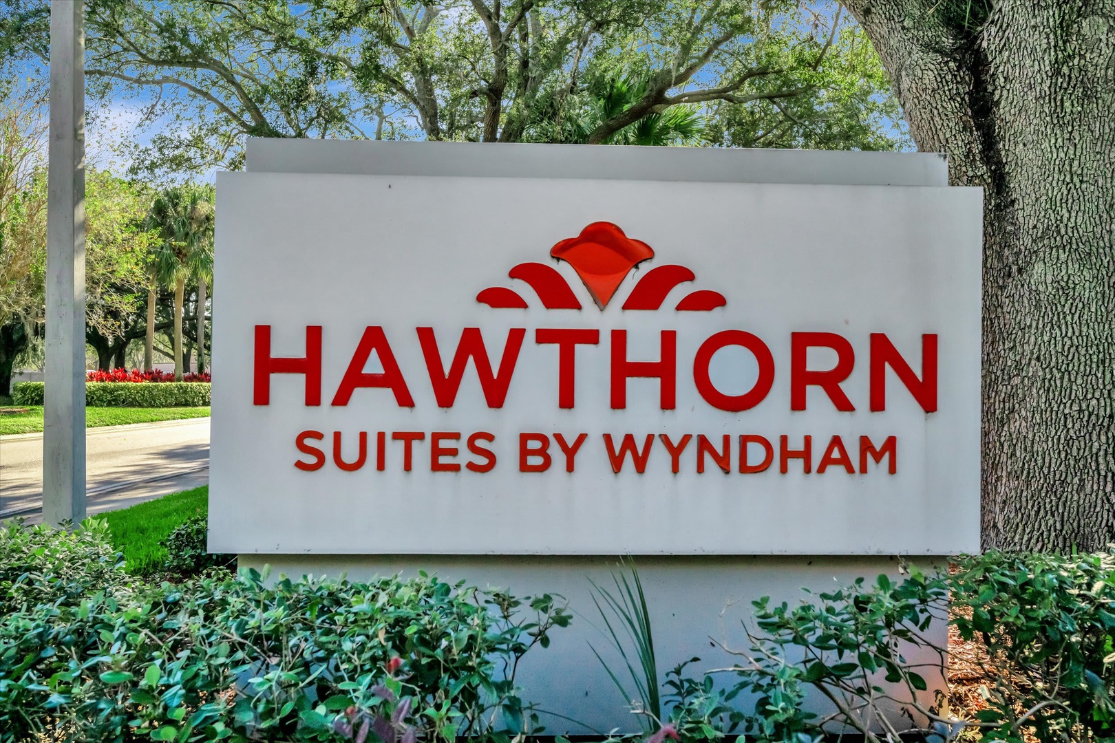 The Hawthorn Suites by Wyndham property sign marks the entrance to the accommodation, surrounded by lush landscaping and mature trees.