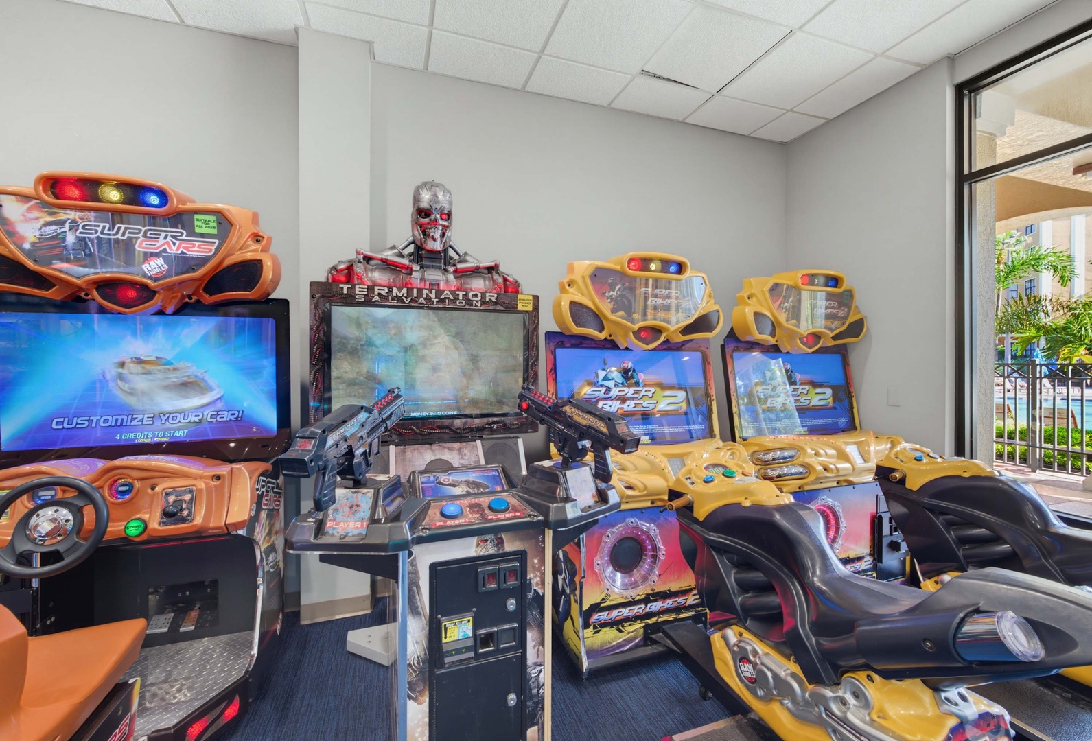 You'll find an exciting game room featuring racing simulators and classic arcade games—perfect for friendly competition or unwinding after a day of adventure.