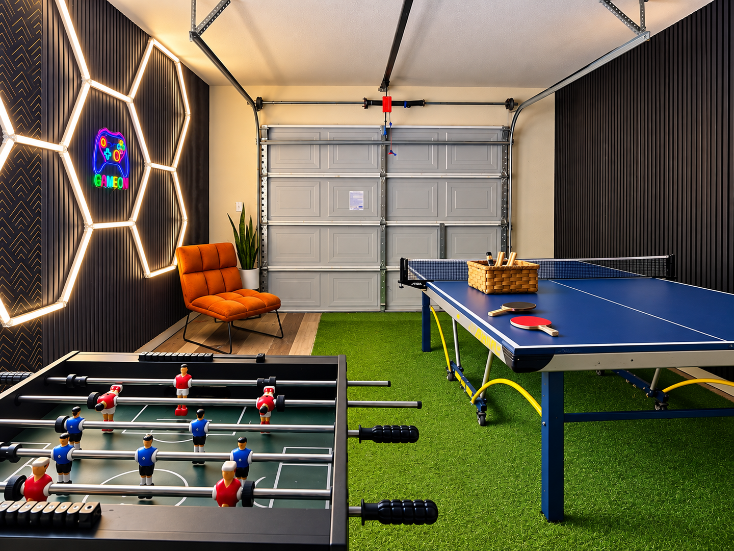 Challenge friends to foosball and ping pong in your private game room, complete with bold LED lighting and comfy seating for spectators.