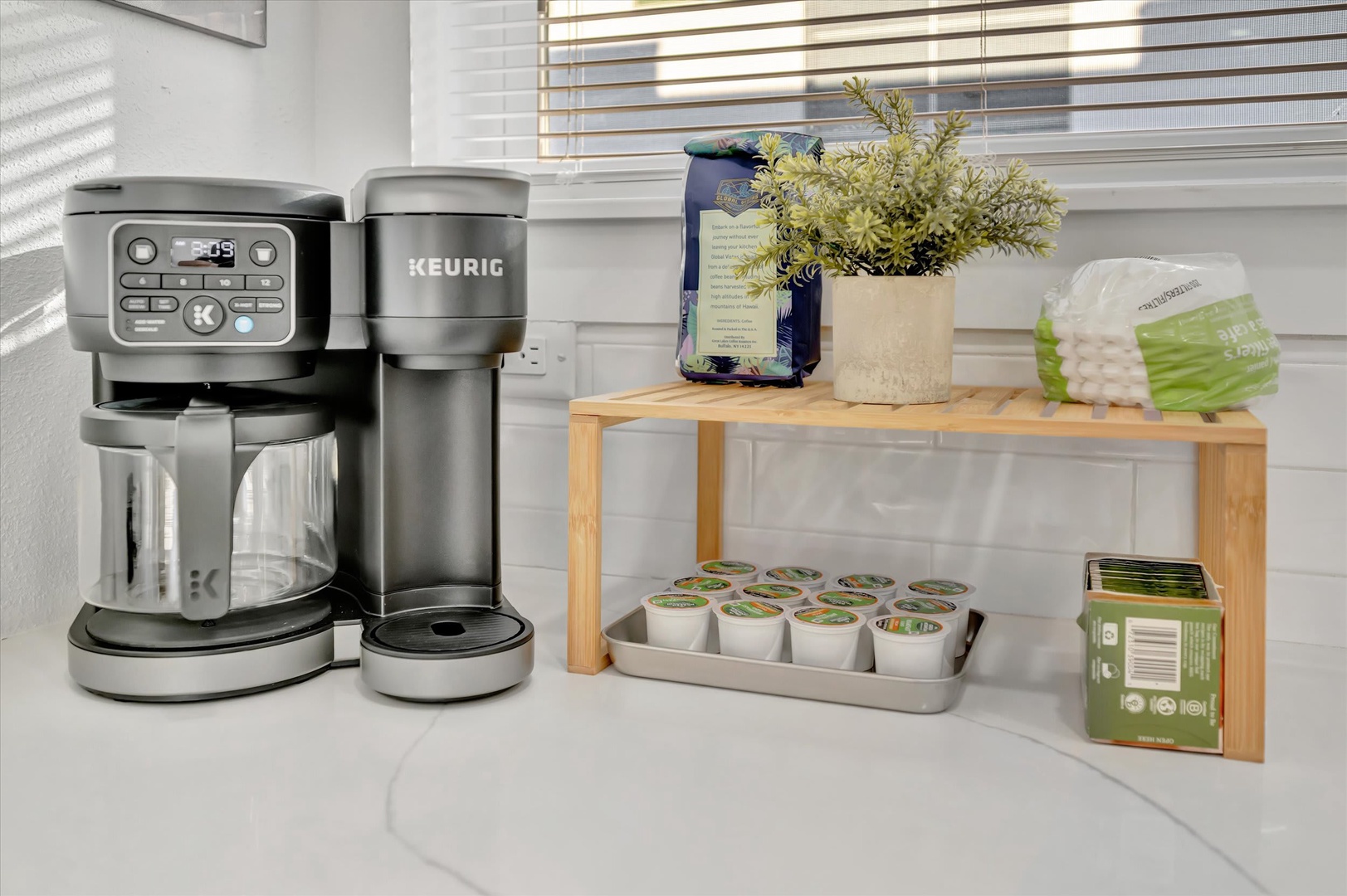Brew your morning coffee just the way you like it with a convenient dual coffee maker and single-serve system, complete with fresh supplies ready for you.