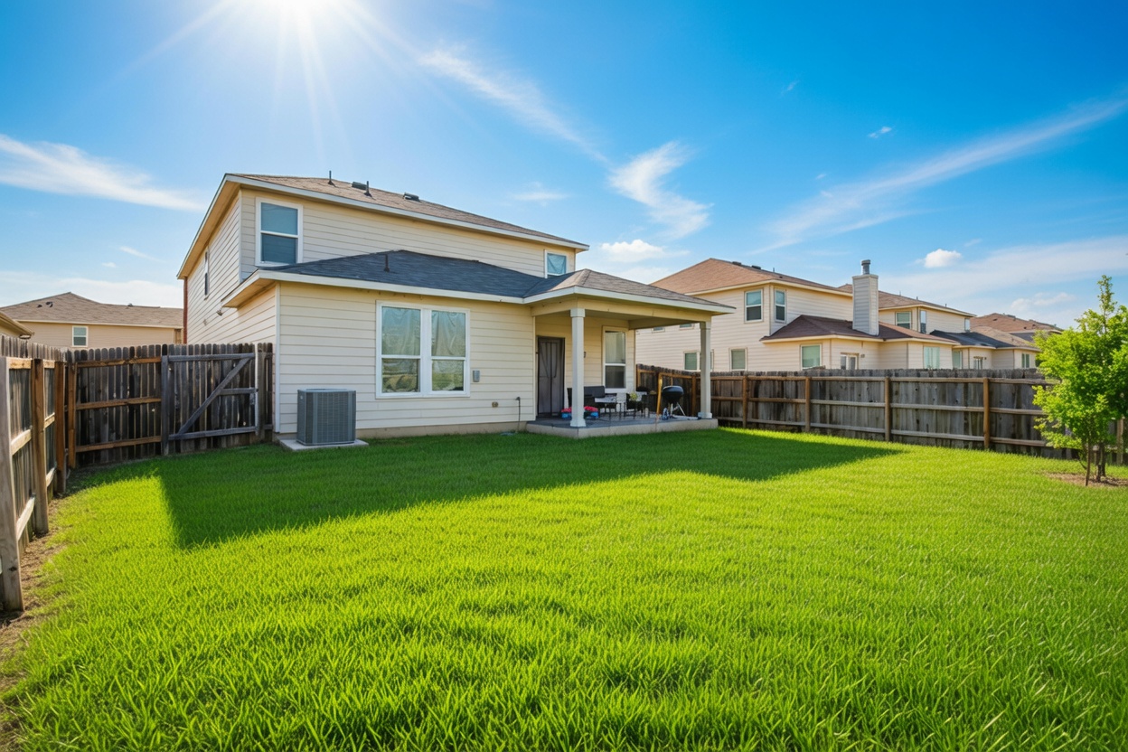 Spacious fenced backyard with lush green lawn perfect for outdoor activities and a covered patio for relaxing in the shade on sunny days.