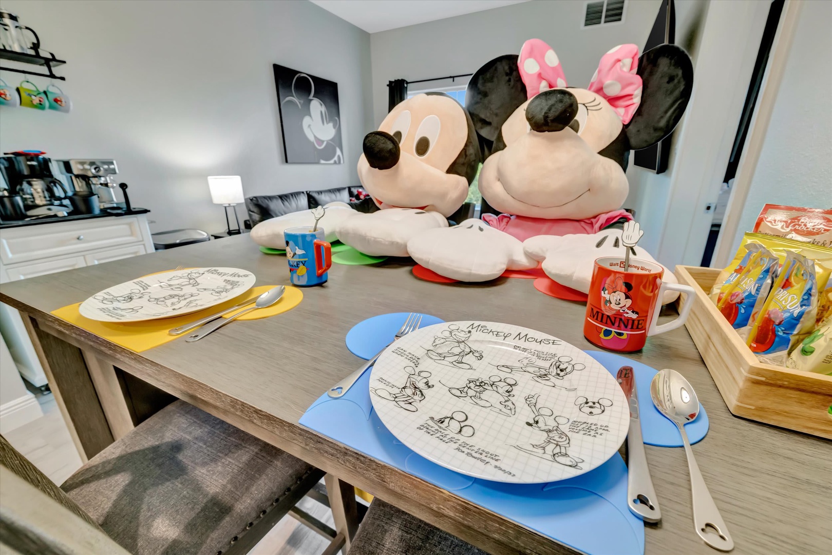 Your family will love gathering around this dining table for meals, with playful character-themed plates and mugs that make every breakfast feel like a celebration.