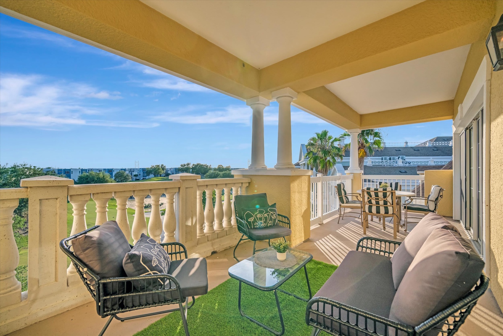 Unwind in your private outdoor retreat with plush seating and open skies. Sip morning coffee or relax with evening cocktails while enjoying the fresh air and greenery beyond.