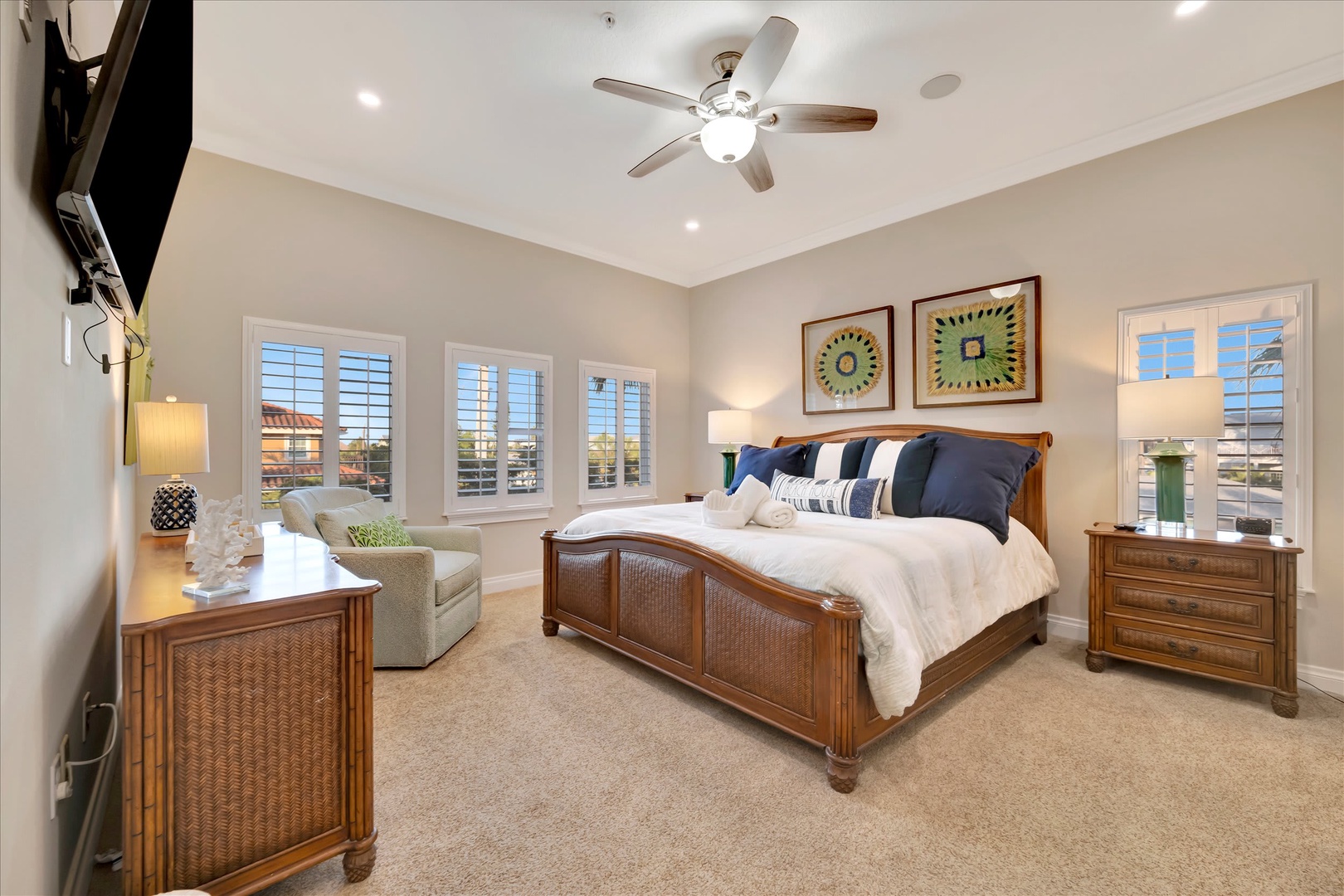 Unwind in your peaceful retreat with plush bedding, coastal-inspired décor, and soft lighting that sets the perfect mood for relaxation after your beach adventures.