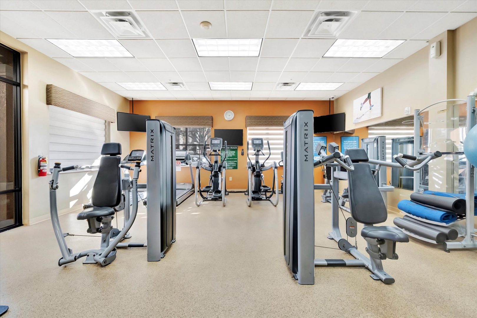 Your fitness routine stays on track in this bright, well-equipped gym featuring modern cardio and strength-training equipment for energizing workouts anytime.