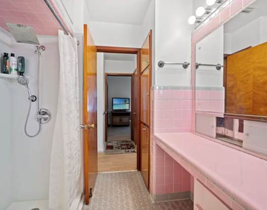 A charming vintage bathroom featuring retro pink-and-white tile, a walk-in shower, and a well-lit vanity area—clean, functional, and full of character.