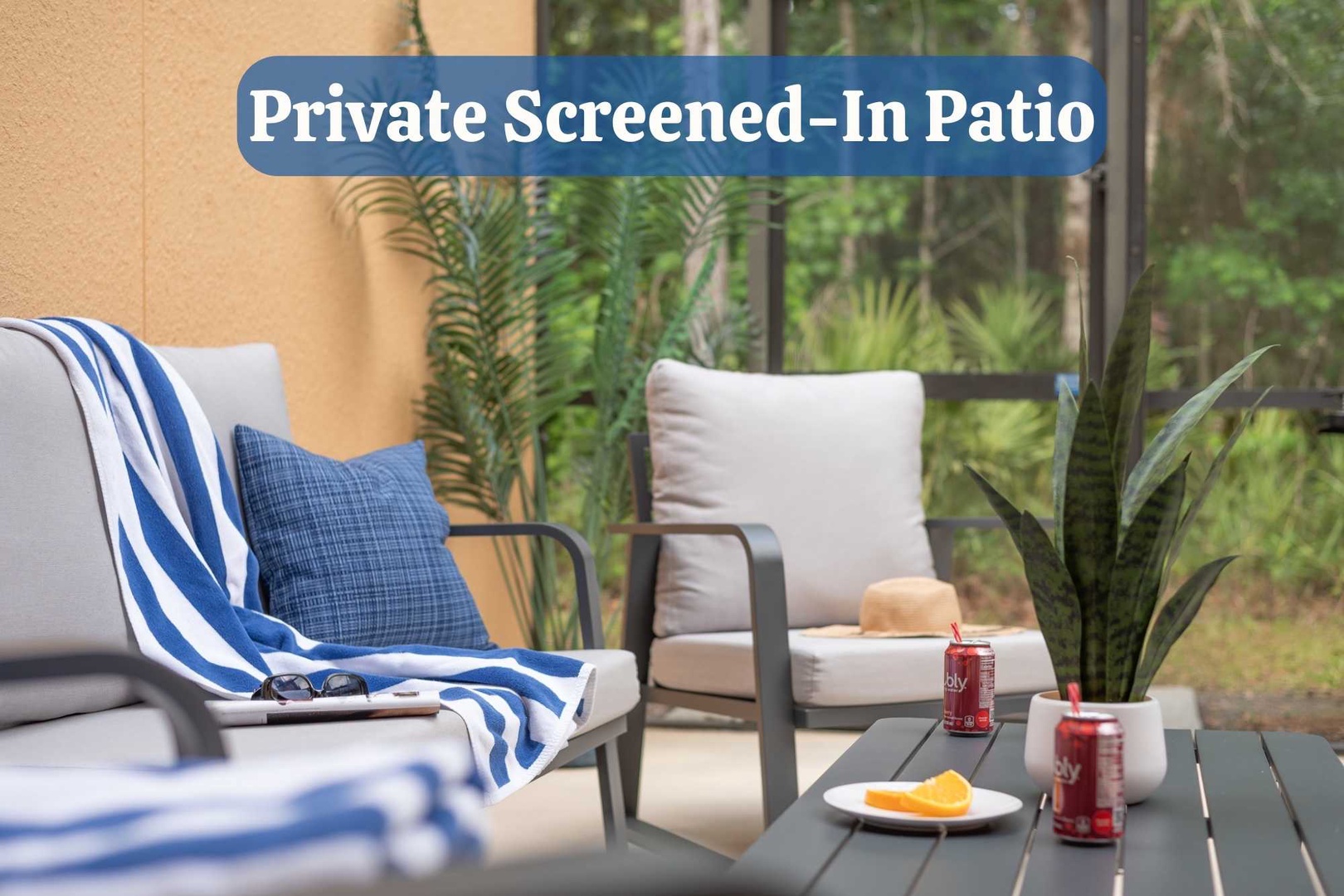Your private screened-in patio offers a peaceful retreat where you can unwind with drinks and snacks while overlooking lush natural surroundings.