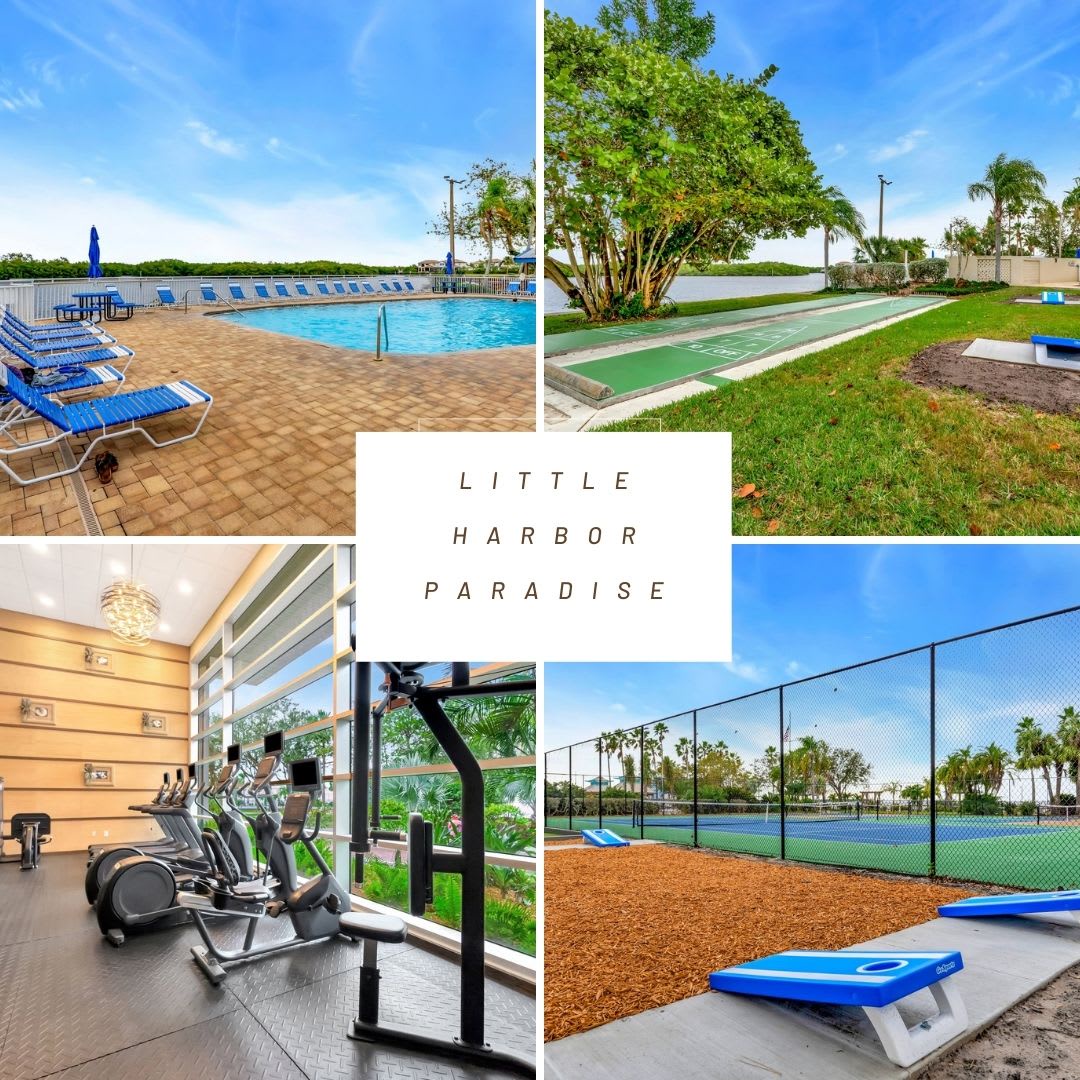 Little Harbor Paradise showcases waterfront living with a sparkling pool, shuffleboard courts, modern fitness center, and tennis facilities—all set against serene tropical landscapes under sunny skies.