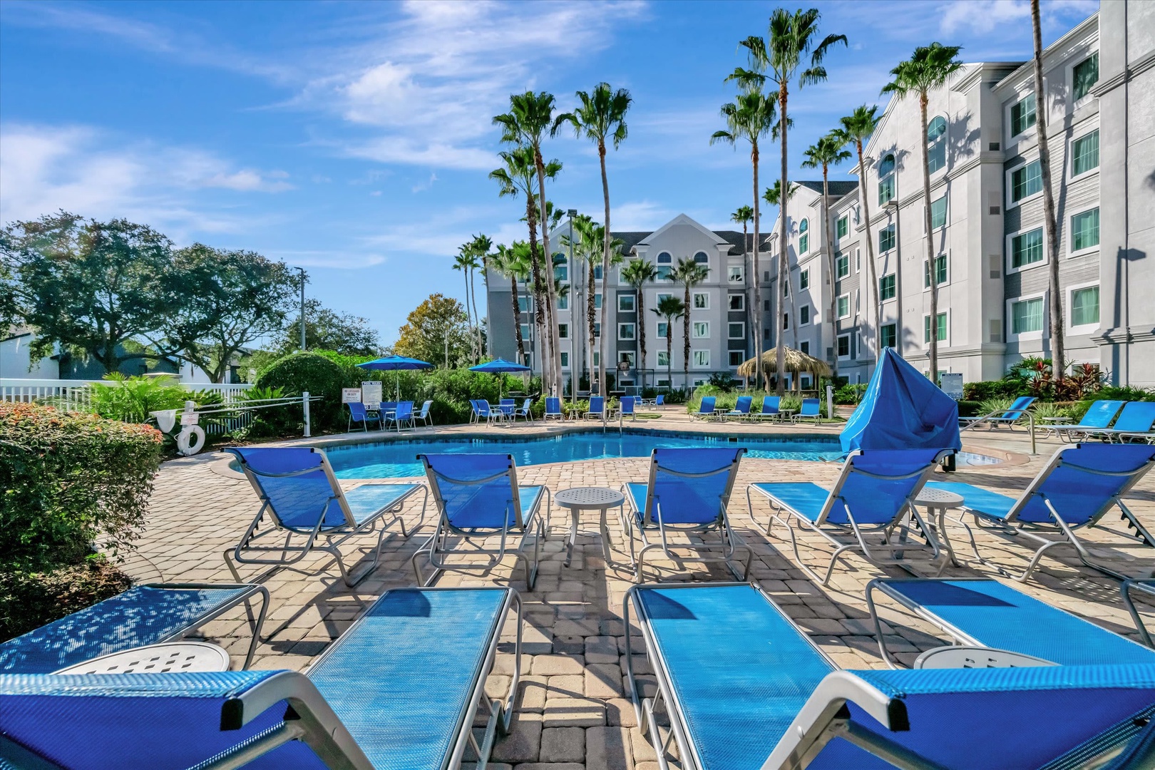 A spacious poolside area with towering palms and comfortable loungers awaits under sunny skies, while the property's lush landscaping and tropical charm create the perfect backdrop for relaxation.