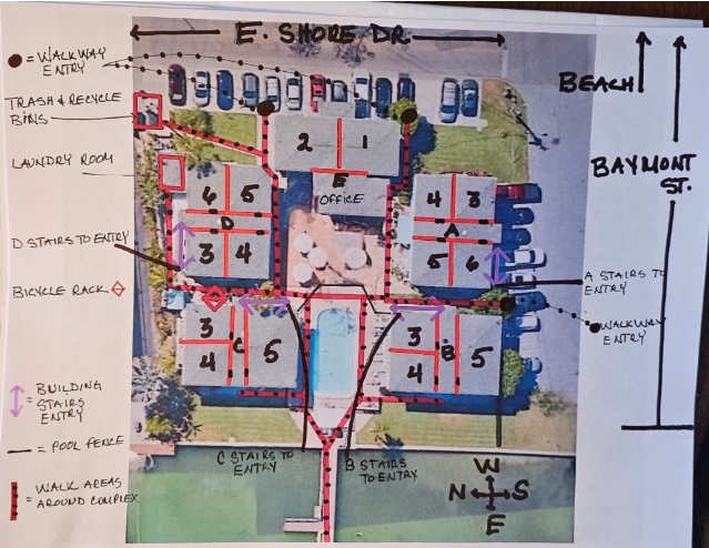An aerial site map shows the property layout with numbered units, central pool, parking areas, and pathways. The property is located near the beach and along East Shore Drive and Baymont Street.