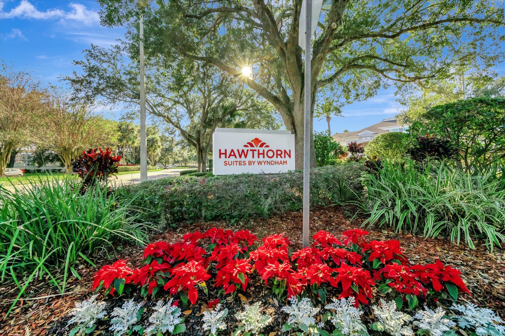 The Hawthorn Suites by Wyndham entrance welcomes guests with colorful landscaping and lush greenery marking the beginning of their stay.