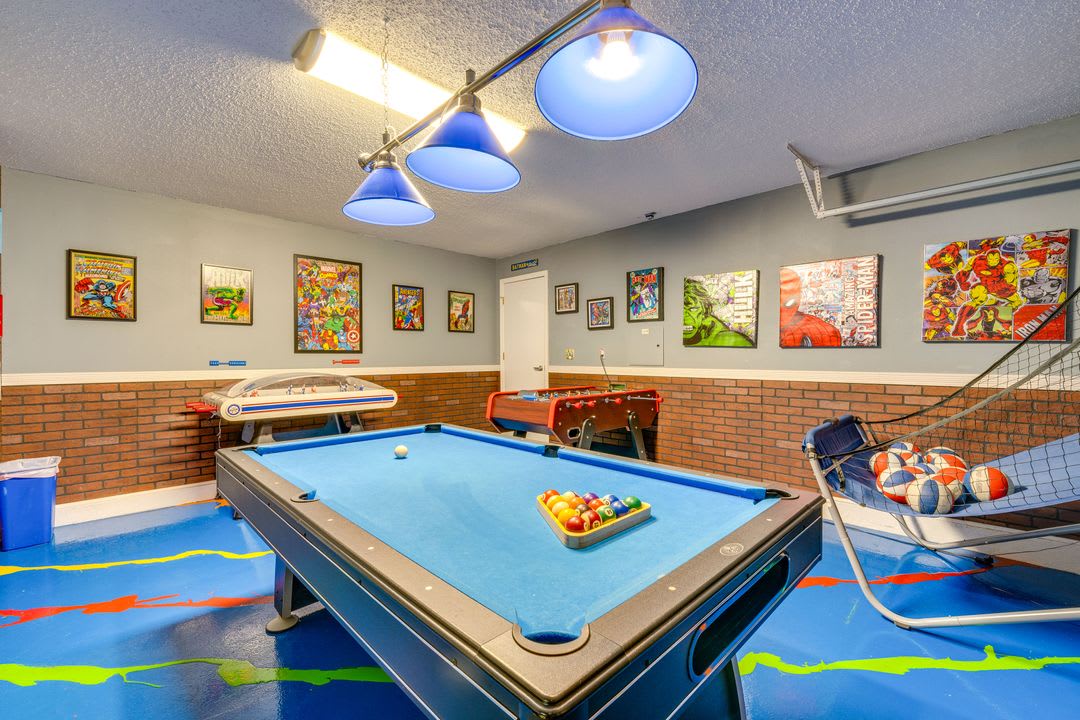 Step into your private game room where fun awaits—challenge your crew to pool, foosball, or air hockey under vibrant lighting and colorful art.