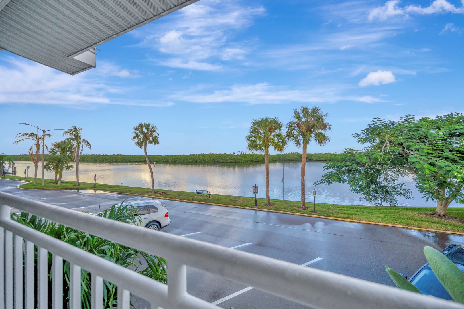 Step onto your private balcony and take in sweeping views of calm waters framed by swaying palms and lush greenery—a peaceful retreat just beyond the street below.