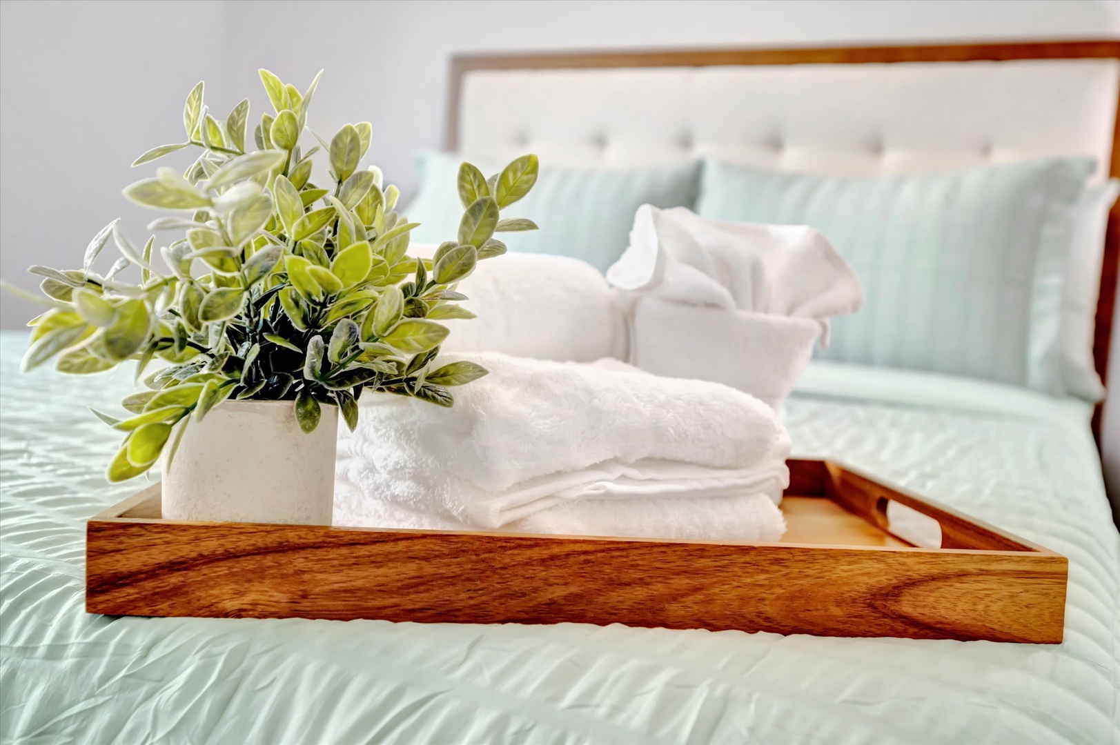 Sink into soft linens and a thoughtfully prepared bed—fresh towels and a cheerful plant await your arrival.