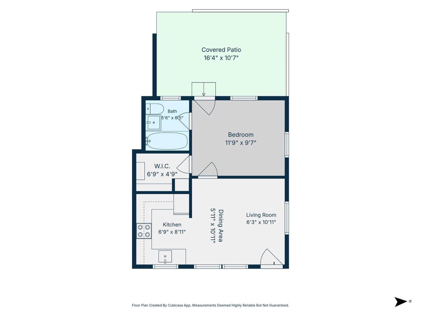 Floor plan layout showing a one-bedroom rental with living room, full kitchen, bathroom, walk-in closet, and covered patio.