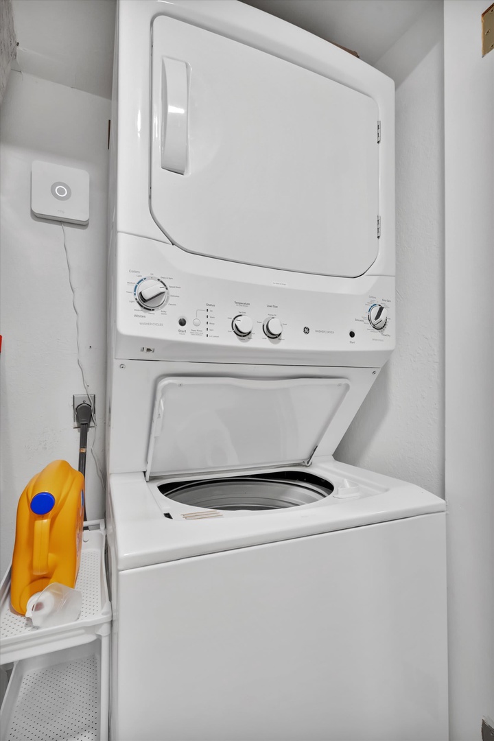 Your vacation laundry is effortless with this convenient stacked washer and dryer unit tucked right inside your rental, keeping your wardrobe fresh and ready throughout your stay.