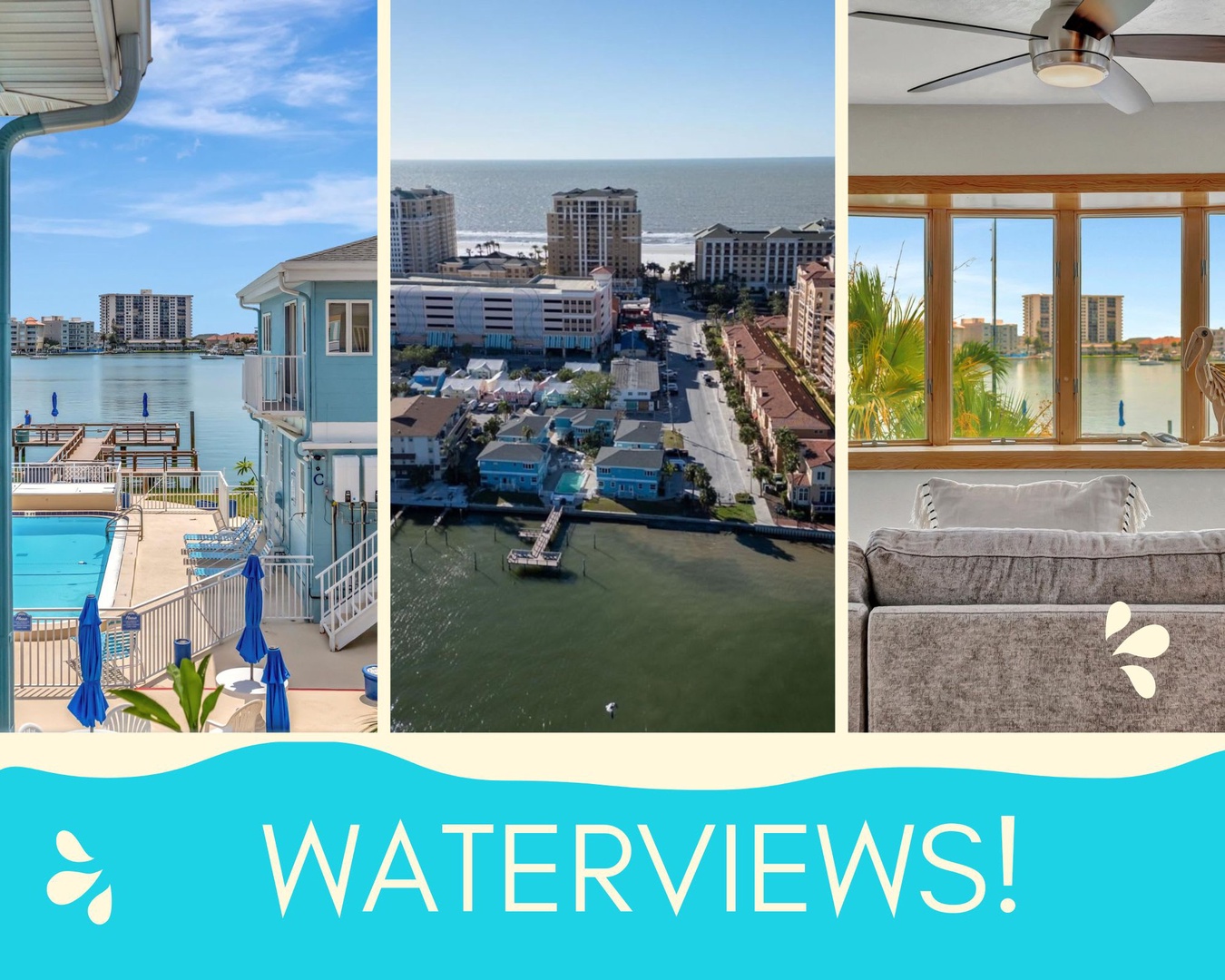 A coastal waterfront property featuring pool facilities and water views from various vantage points in this beachside community.