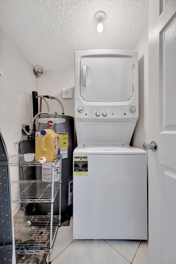 A stacked washer and dryer unit ensures you can pack light and keep your clothes fresh throughout your entire stay.