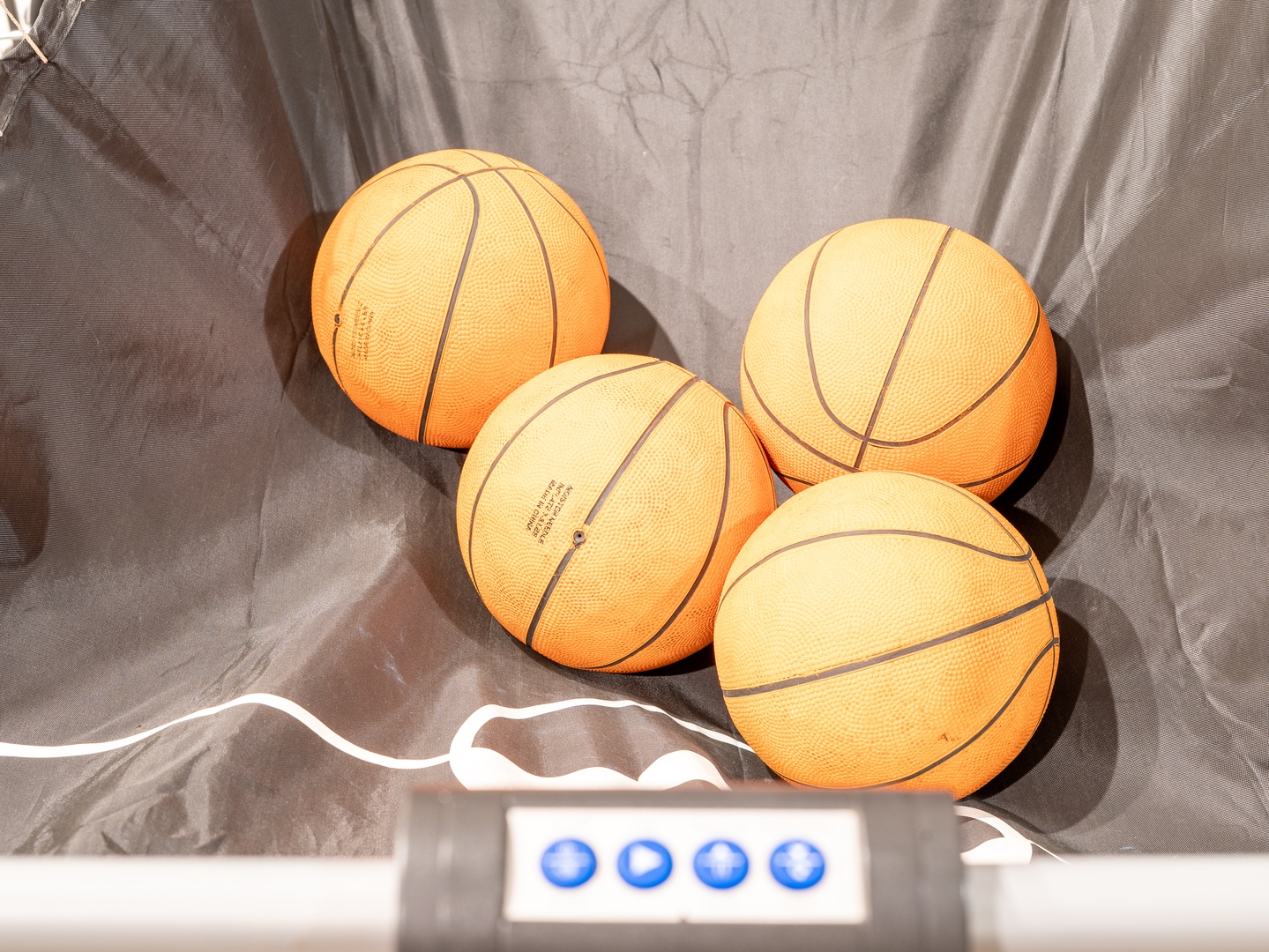 Four basketballs rest on soft bedding, ready for your next friendly game or practice session.