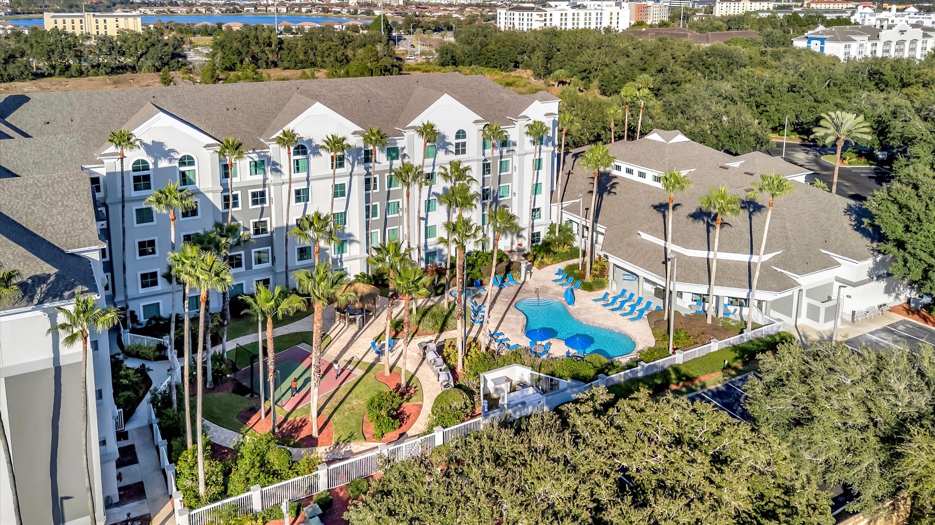 Aerial view of the property showcasing the resort-style pool, lush landscaped grounds with towering palms, and surrounding neighborhood.