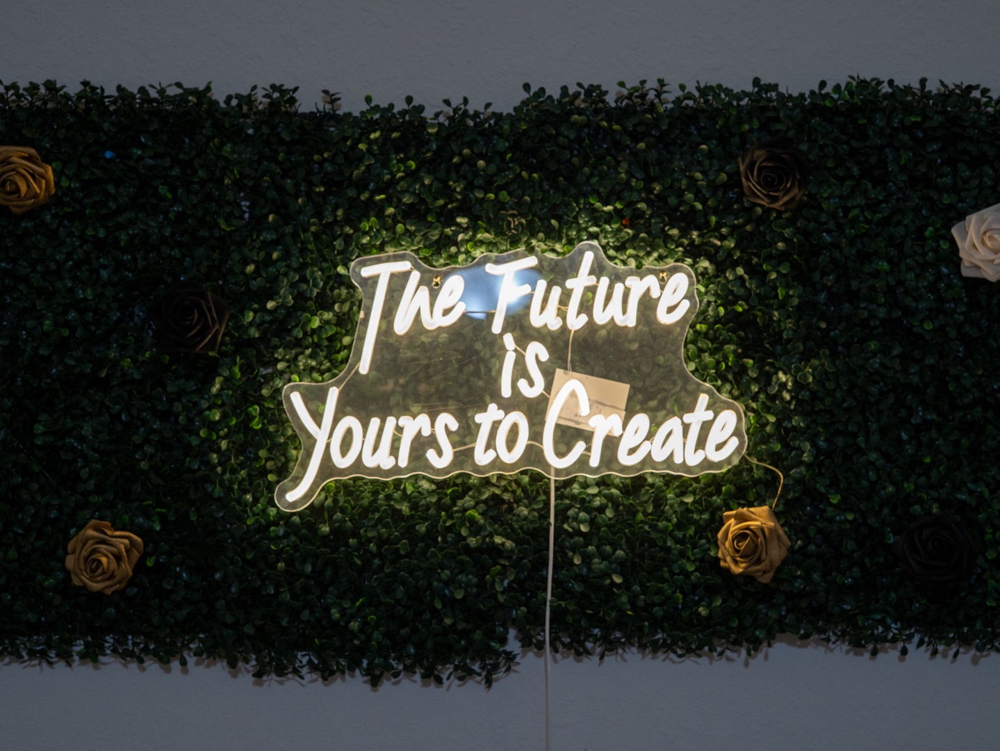 A lush green wall adorned with roses frames an illuminated neon sign offering inspiration and a welcoming touch to the property entrance.