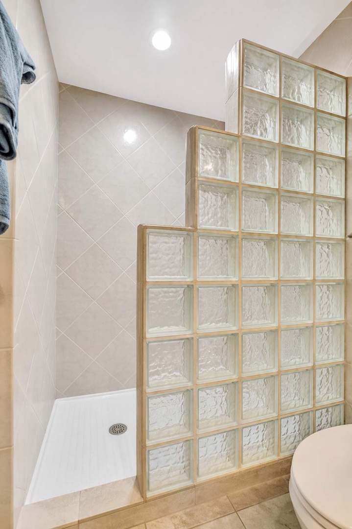 Step into your private spa-like retreat with a spacious walk-in shower featuring elegant glass block walls that fill the space with soft, natural light.