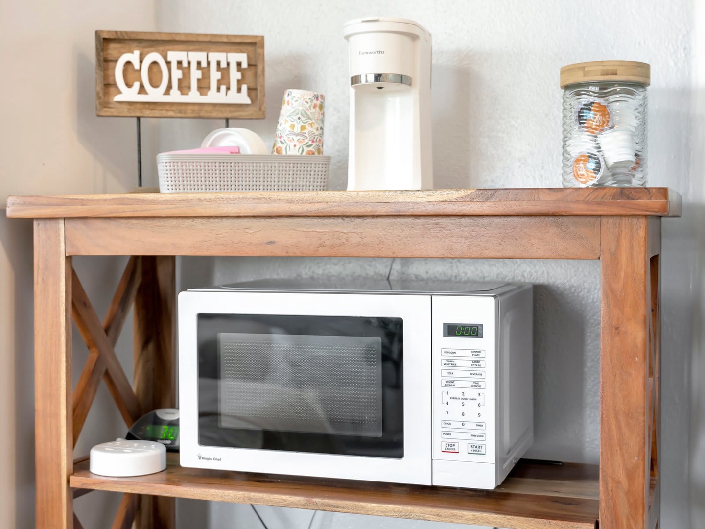 Your morning coffee awaits at this charming beverage station, complete with everything you need for a cozy start to your day.