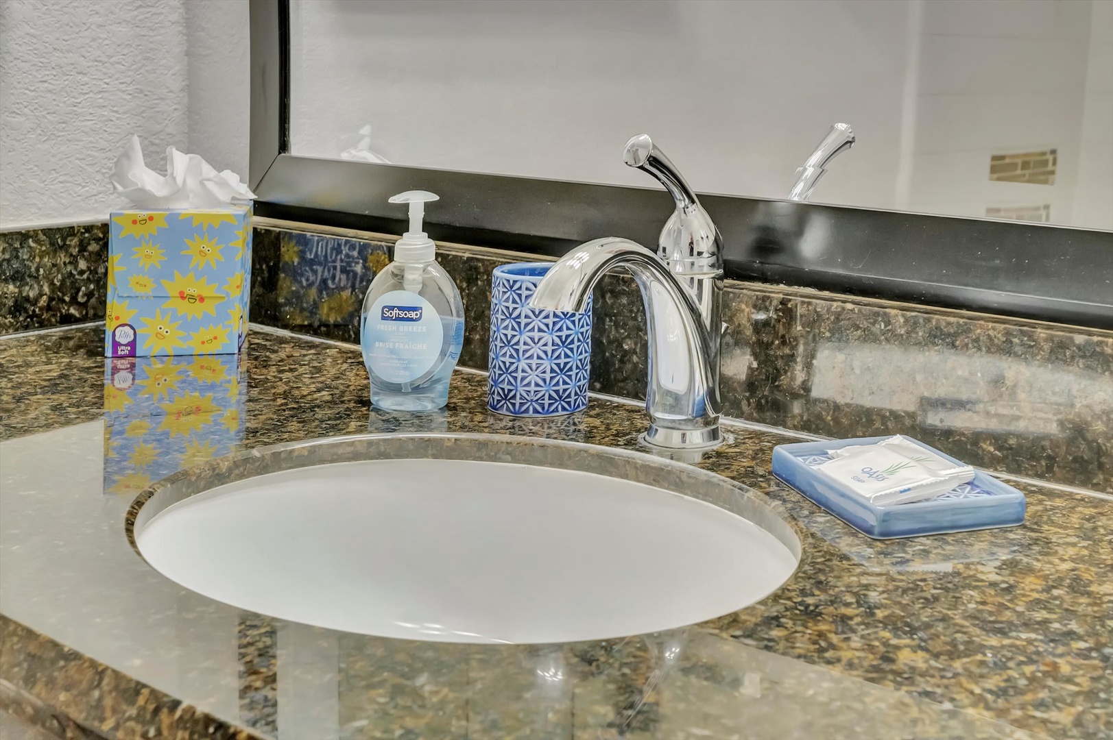 Clean granite countertop with gleaming fixtures and thoughtful touches to keep your morning routine effortless and organized.