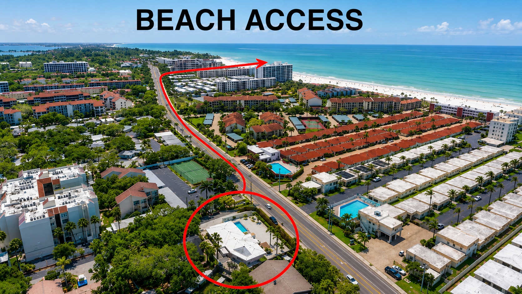 This aerial view shows the property's prime location, with a clear path to the stunning turquoise waters and white sandy beach just a short walk away.