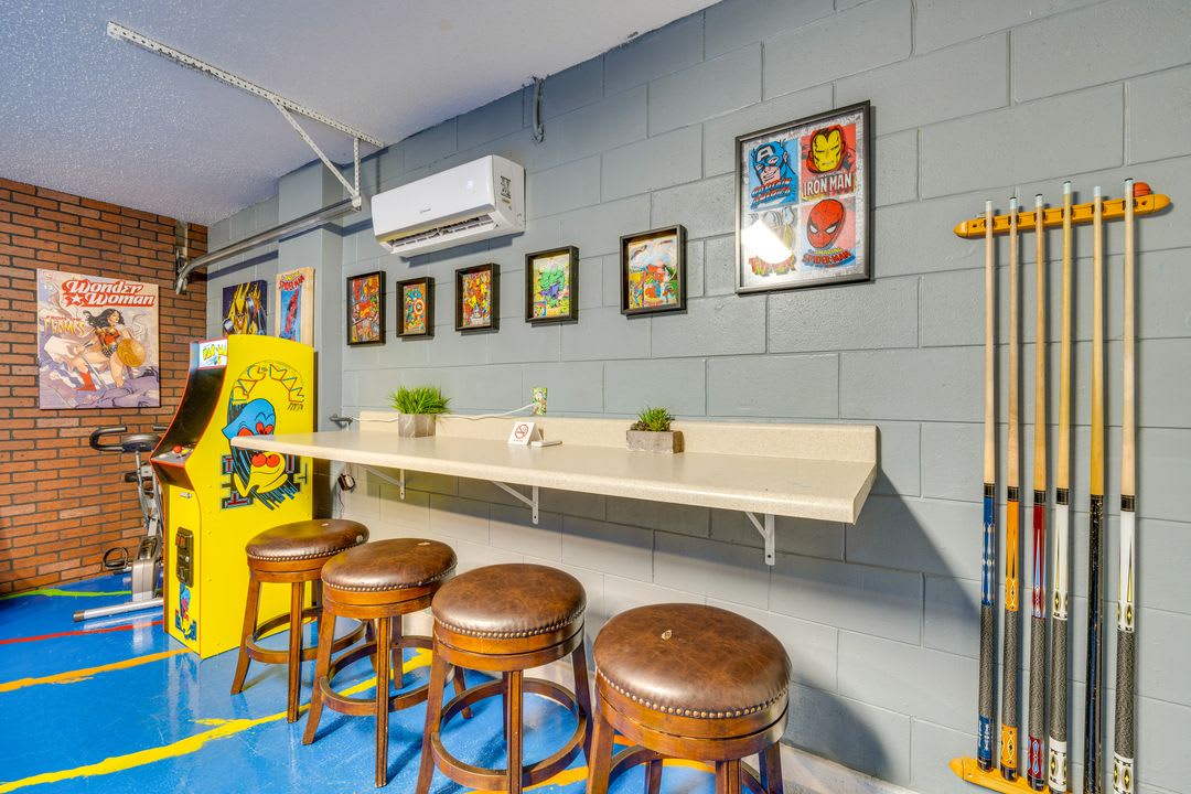Channel your inner hero in this retro game room where vintage arcade fun meets hangout vibes. Pull up a stool, challenge your friends, or line up your next shot at the billiards table just steps away.