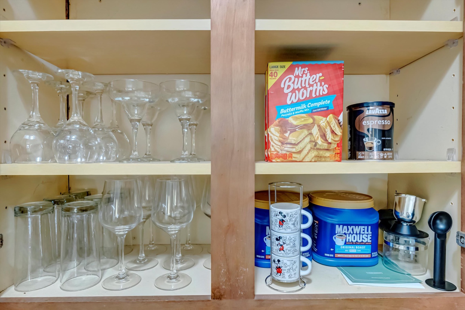 Your kitchen comes stocked with glassware, coffee essentials, and breakfast supplies, making it easy to start your mornings at your own pace.