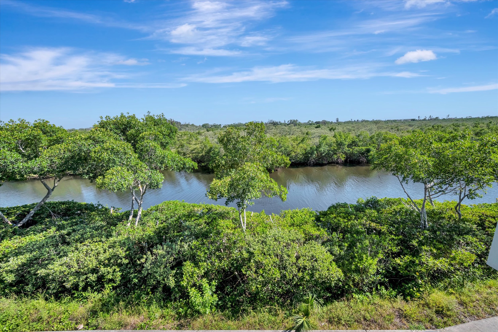 A tranquil river winds through lush mangroves and verdant landscape under open skies, offering a serene natural backdrop to the property's location.