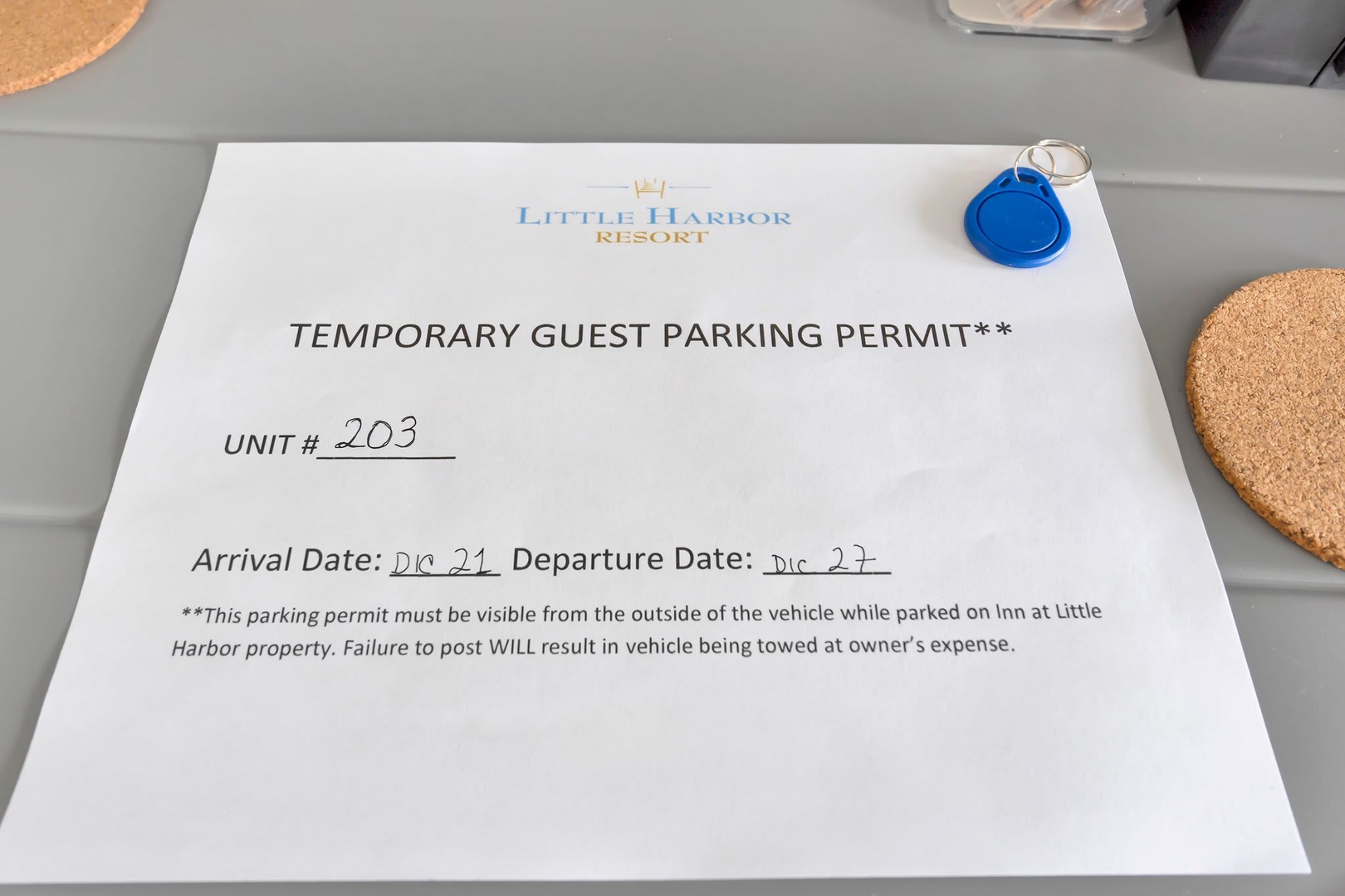 Your parking permit and access key are ready for your stay, ensuring convenient access to the resort throughout your visit.