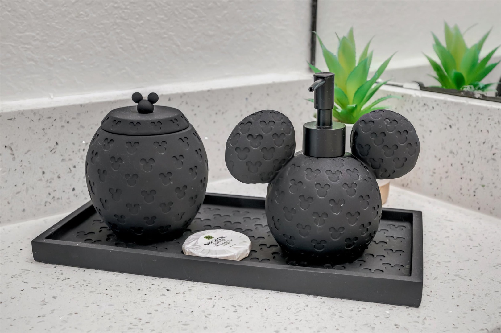 Playful Mickey-themed bathroom accessories add a touch of whimsy to your stay, making even the smallest details feel magical and fun.