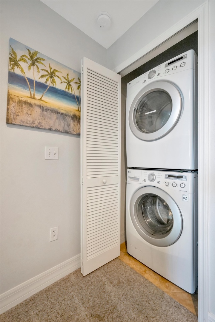 Your laundry needs are covered with a stacked washer and dryer tucked conveniently into its own alcove—no need to leave the comfort of your rental.