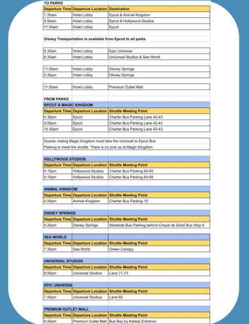 Your guide to hassle-free transportation throughout your stay. This schedule outlines convenient shuttle service to parks, studios, and attractions, ensuring you can explore the area effortlessly.