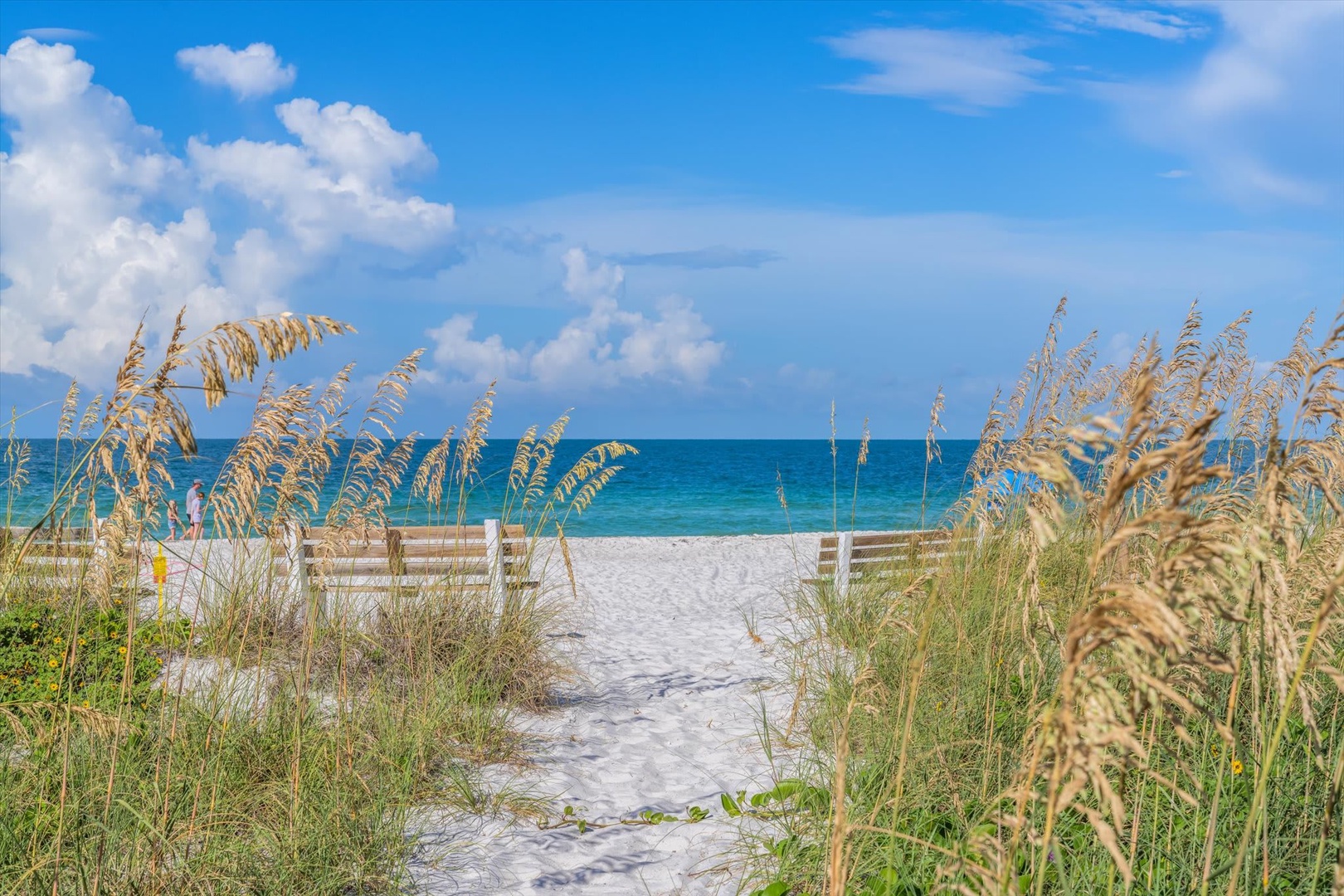 A sandy path framed by sea oats leads to the pristine white beach and turquoise waters, with fluffy clouds dotting a brilliant blue sky above the peaceful coastline.