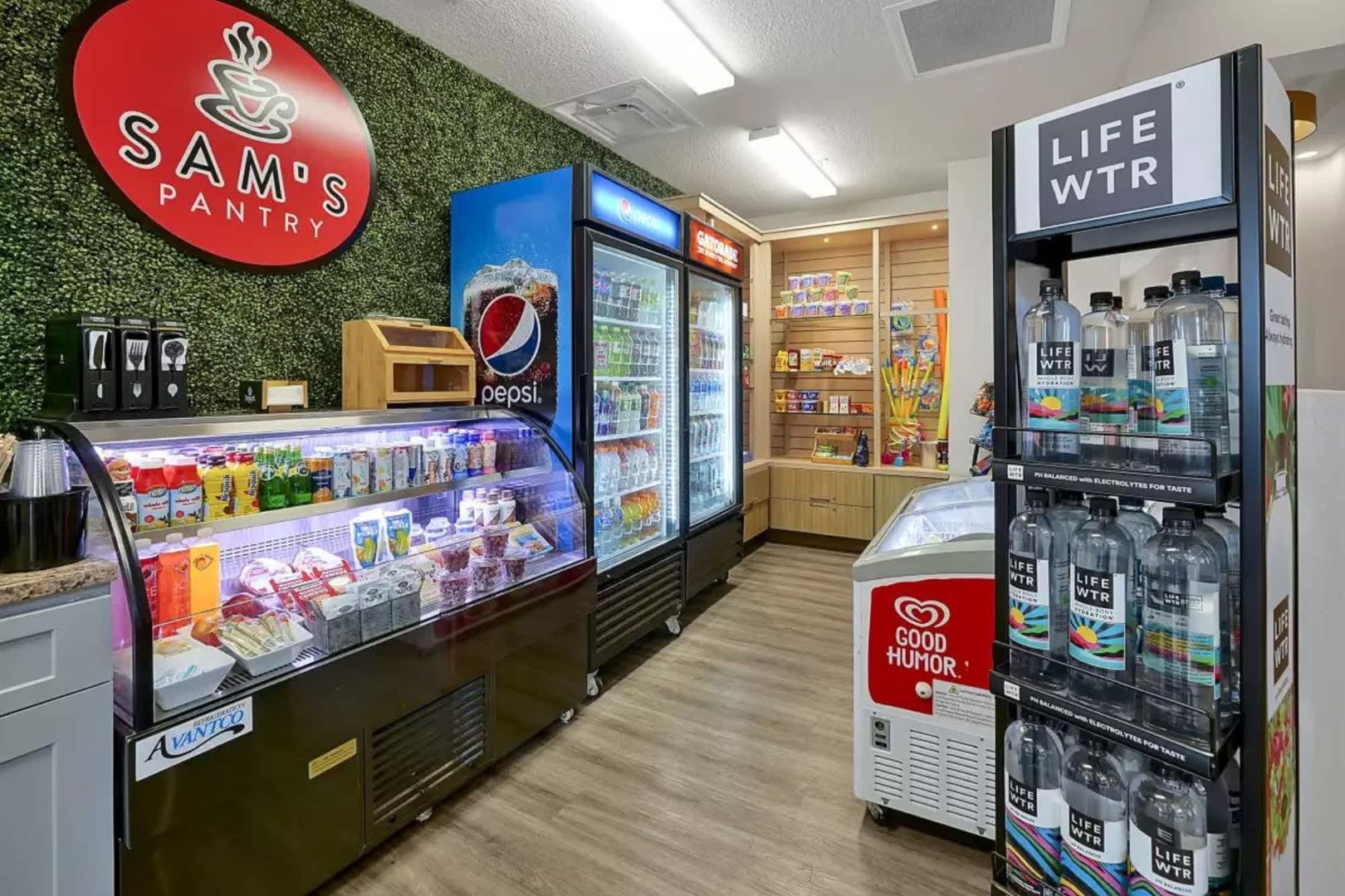 Sam's Pantry offers convenient on-site access to drinks, snacks, and daily essentials whenever you need them.