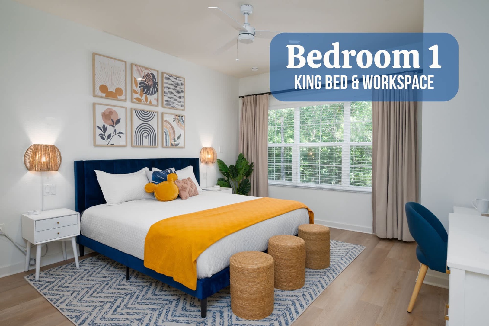 Step into your cozy retreat with a plush king bed, stylish workspace, and cheerful pops of color that make relaxing—or catching up on work—an absolute pleasure.