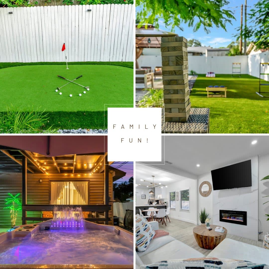 Step into your backyard paradise where endless fun awaits—putt on your private putting green, challenge your crew to giant outdoor games, or unwind in your glowing hot tub under the stars.