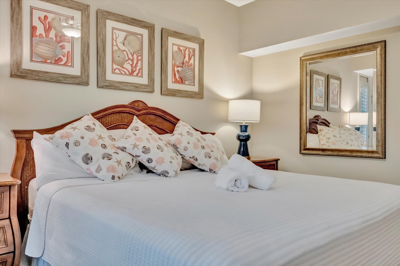 Sink into fresh, crisp linens and let the soft coastal palette lull you to sleep. Your thoughtfully appointed bedroom offers a peaceful retreat after a day of adventure.