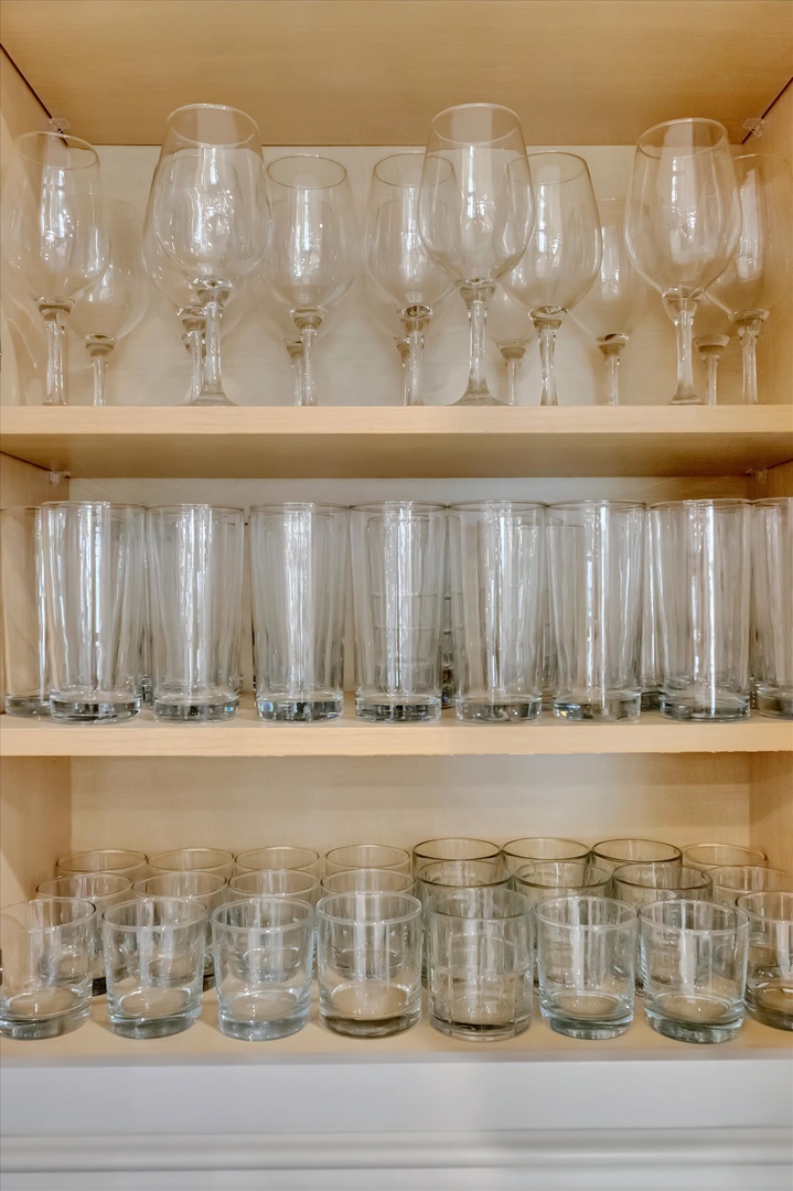 Everything you need for toasting special moments is right here, with wine glasses, highballs, and tumblers stocked and ready for your stay.
