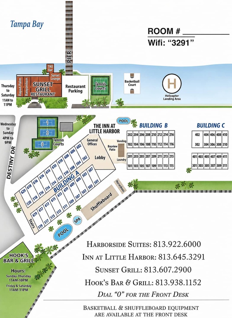 This map shows your way around the property, from tennis courts and pools to the sunset grill and nearby beach access—everything you need for a relaxing getaway.