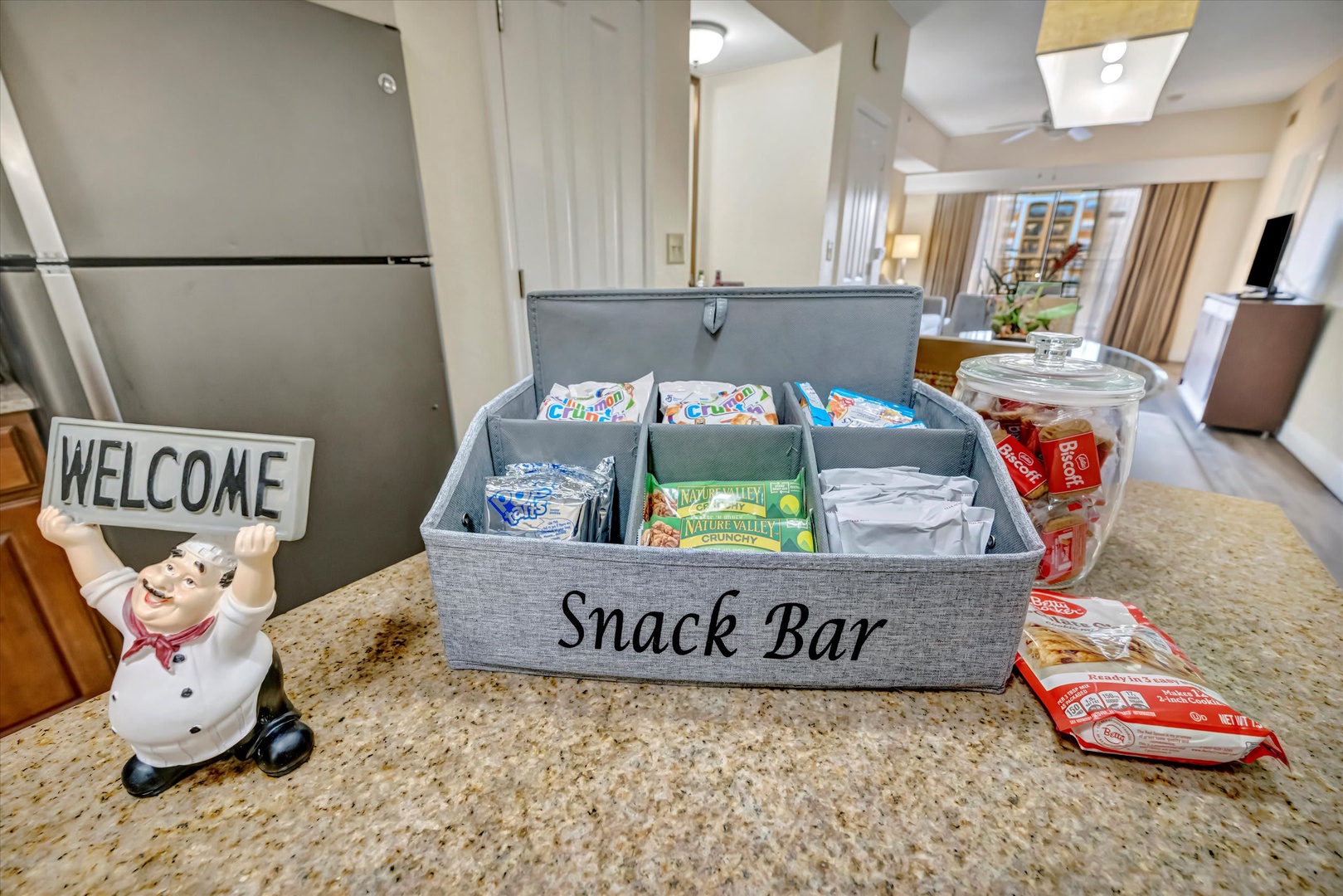 Dive into your favorite treats whenever the mood strikes—your own fully stocked snack bar awaits right at your fingertips.