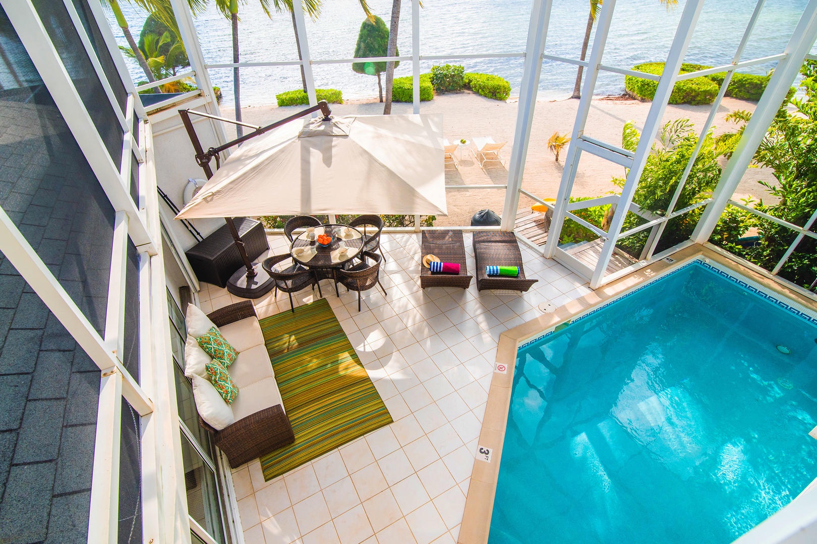 A bird's eye view of the two-story glassed atrium.